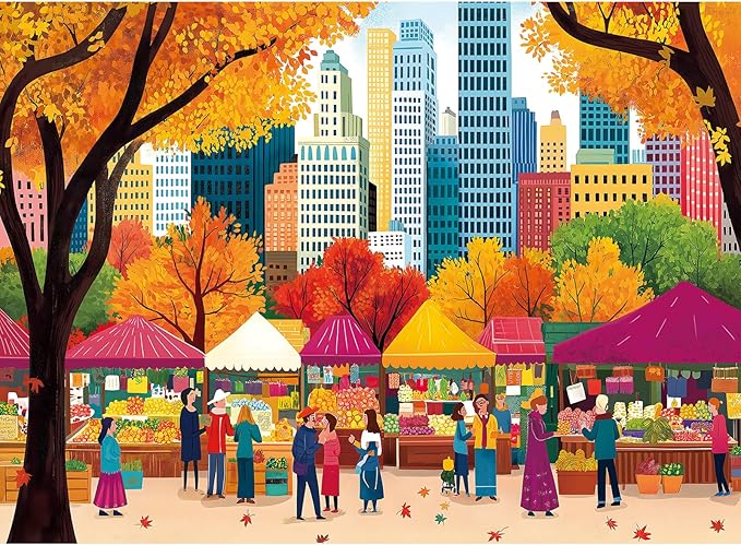 Blueforest Fall 500 Piece Puzzle for Adults - Autumn Farmers Market Shaped Jigsaw, Unique Maple Leaf Border Art & Collector's Challenge (23"x15")