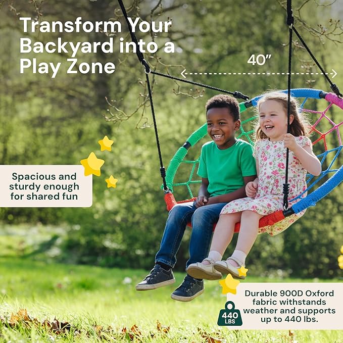 PLAYVIBE Spider Web Tree Swing Gift - 40 in Multicolor Saucer Swing - 440 lb Capacity with Hanging Straps & Carabiners - Weather-Resistant Outdoor Play for Kids & Toddlers Year-Round Family Fun