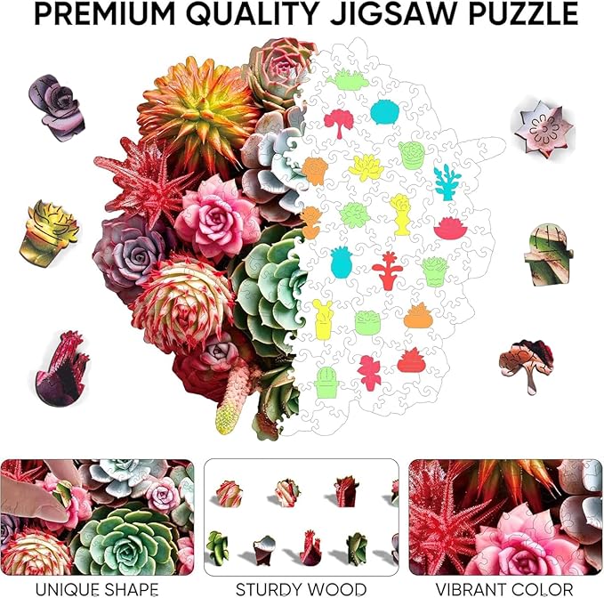 Reouinty Wooden Puzzles for Adults 500 Pieces, Colorful Succulent Jigsaw Puzzle for Mom Grils, Challenging Wood Puzzle, Beautiful Wall Decor, Unique Animal Shaped Puzzles for Family Game 16.7x16.3 in