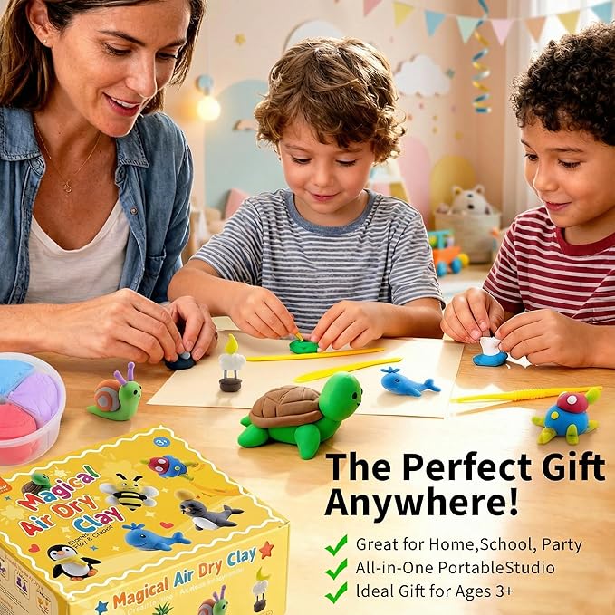 NewFamily Air Dry Clay Kit, 15 Colors, 12 Step-by-Step Projects, Project Cards & Instruction Guide, Soft Non-Sticky Clay with Tools, Non-Toxic DIY Craft Set for Home, School, Parties & Gifts