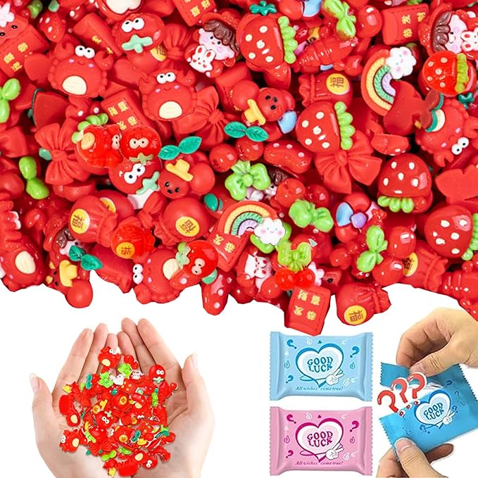 50 Pcs Red Series Mystery Mini Resin Blind Bag – Cute Tiny Figurines for Collecting, DIY Crafts, Dollhouse Decor, Christmas Stocking Stuffers & Holiday Surprise Gifts
