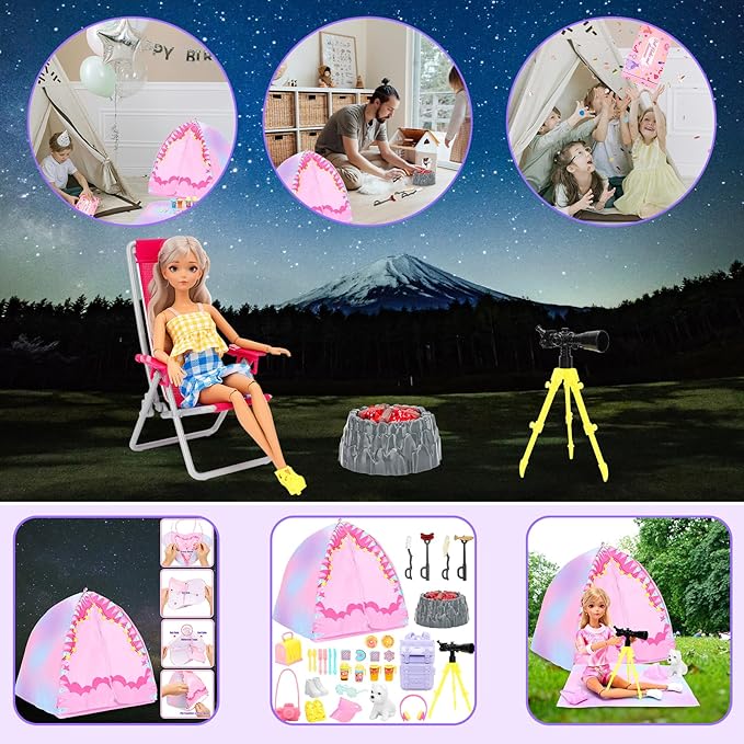 Miunana 35PCS Doll Camping Playset for 11.5" Girl Dolls - STEM Tent with Backpack, BBQ Grill & Stargazing Tools Pretend Play Outdoor Adventure Toy