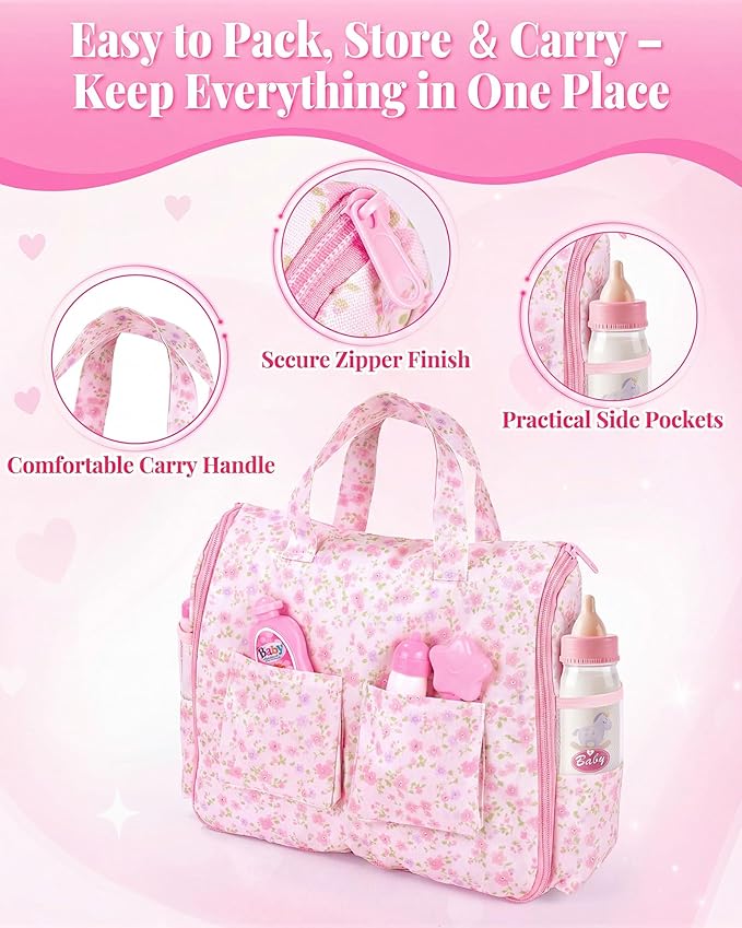 BABESIDE 10 Pcs Baby Doll Diaper Bag Set – Reborn Baby Doll Accessories with Changing Pad, Feeding Bottles, Care Set– Diaper Bag Toys for Baby Dolls up to 21 Inches, Gift for Girls Ages 3 and Up