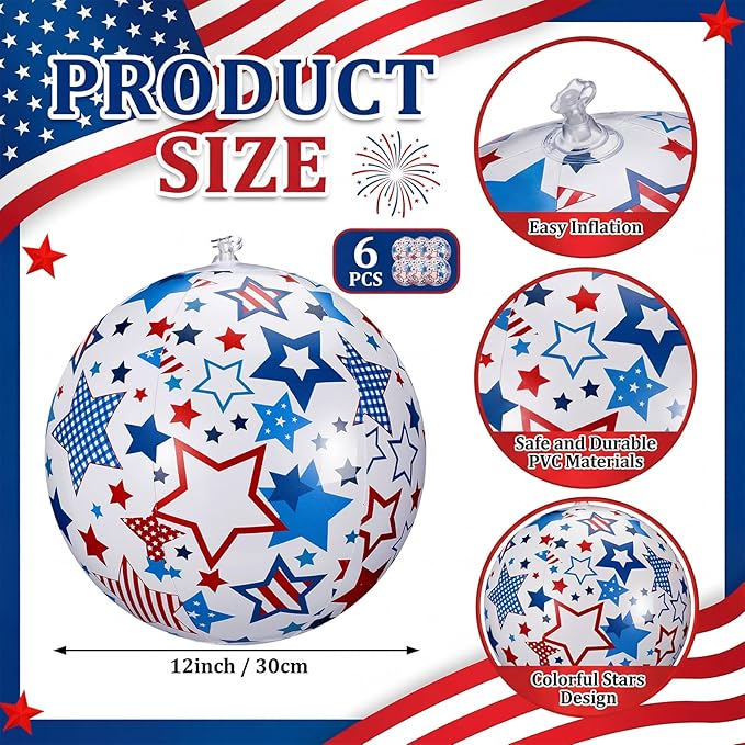 6 Pcs 4th of July Light up Beach Balls 12 Inch Patriotic Light up Beach Balls Bulk Giant Inflatable Red White and Blue Ball for Adults 250th Anniversary Beachy Summer Pool Outdoor Decor
