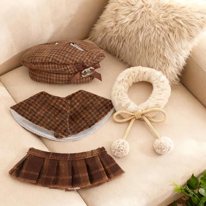 Doll Clothing Set (No Doll), Cute Cropped Straw Hat, Crossbody Bag, Dress, Suitable for 15-17cm Dolls, Outfit Accessory Set for Unique Styling (Brown-Houndstooth)
