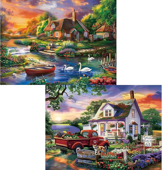 2 Pack 500 Piece Puzzle for Adults, Cottage Farmhouse Jigsaw Puzzle for Adults Teens,Large Piece Puzzle, Glossy & Sturdy Pieces,Challenging Family Game Great Gift,20.5x15 in