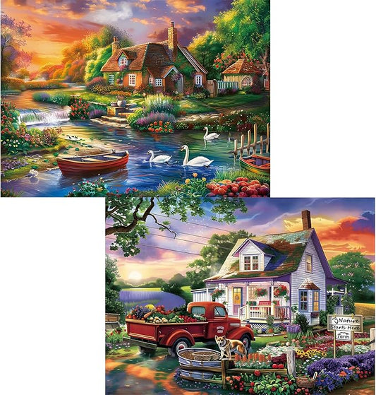 2 Pack 500 Piece Puzzle for Adults, Cottage Farmhouse Jigsaw Puzzle for Adults Teens,Large Piece Puzzle, Glossy & Sturdy Pieces,Challenging Family Game Great Gift,20.5x15 in