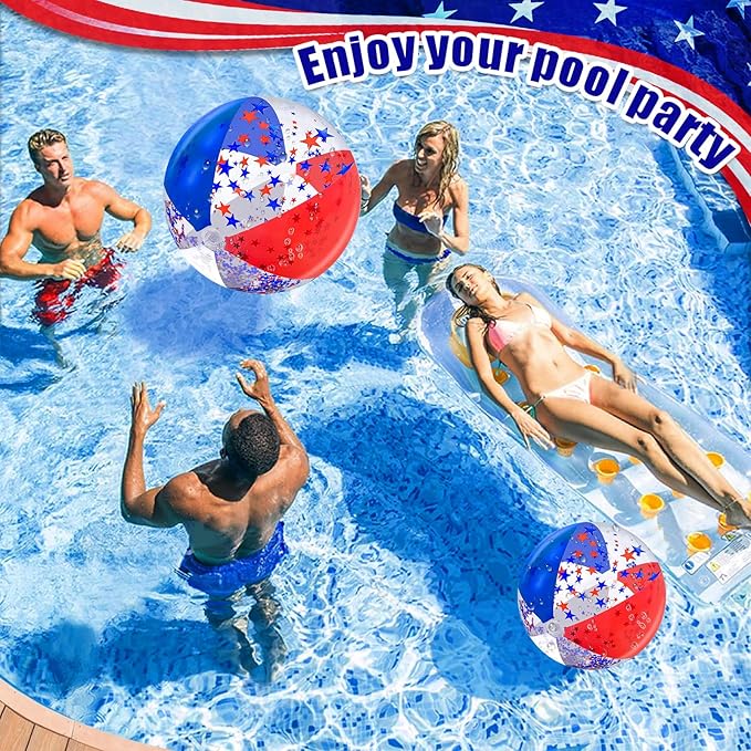 5 Pack Patriotic Sequins Beach Ball 24 Inch 16 Inch Pool Toys Balls Giant Red White and Blue Stars Glitters Inflatable Clear Beach Ball Swimming Pool Water Beach Toys Outdoor 4th of July Party Favors