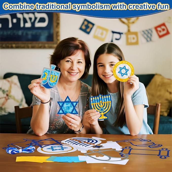 24 Sets Hanukkah Craft Kits Hanukkah Tissue Paper Crafts Chanukah Suncatchers Kits DIY Star of David Menorah Dreidel Hanging Ornaments for Chanukah Christmas Holiday Activities Party Supplies