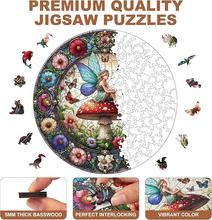 200 Pieces Fairy Wooden Puzzles for Adults, Mushroom Unique Shaped Wooden Jigsaw Puzzles for Adults, Flowers Irregular Adult Wood Puzzle Creative Gift with Exquisite Wooden Box