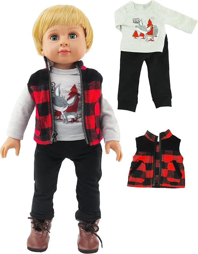 American Fashion World Boy’s Outdoorsy 3 Piece Vest and Pant Sets for 18-Inch Dolls | Premium Quality & Trendy Design