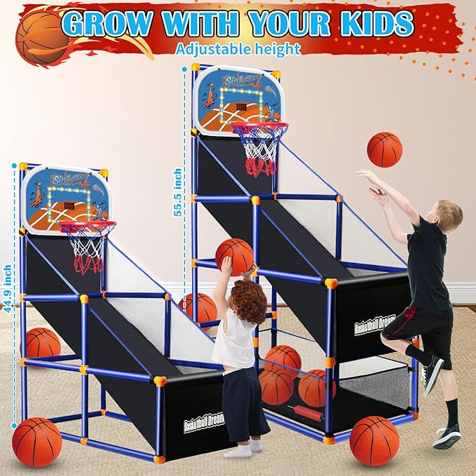 LED Arcade Basketball Game Set w/Electronic Scoreboard for Kids, Boy Toys Basketball Hoop with 4-5 Balls for 3-12 Years Old, Adjustable Height w/Pump & Storage Net for Indoor Outdoor Sports Play