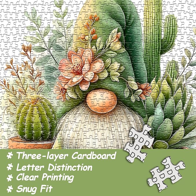 Cactus Gnome Puzzles for Adults 1000 Pieces Funny, Spring Succulent Plant Garden Cute Gnome Jigsaw Puzzles, Nature Flower Themed Challenging for Adults
