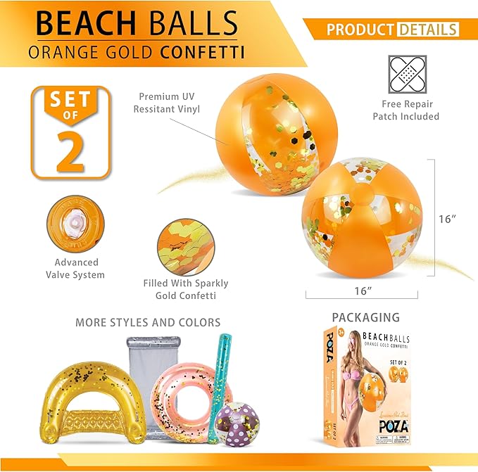 POZA Inflatable Beach Balls - Elegant Glitter Confetti Premium Floaters, Heavy Duty Vinyl Floatation Pool Toys for Pool Beach Party, UV Resistant Pool Décor