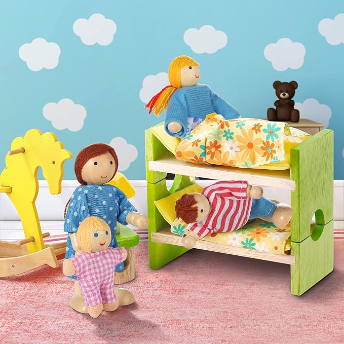 Jzszera Wooden Doll House People of 8 Figures, Dolls Family Set for Girls Toddler Kids Dollhouse Accessories Toy