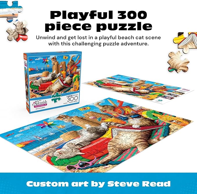 Buffalo Games - Beachcombers - Steve Read - 300 Piece Large Piece Jigsaw Puzzle for Adults - Playful Cat Beach Scene Puzzle with Oversized Pieces - Bonus Diagram Included - Finished Size 21.25 x 15.00