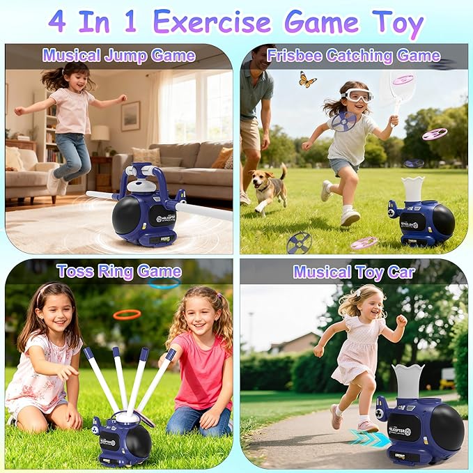 4-in-1 Music Jumping Toy Car,Dual Rotating Poles for Jumping & Dodging,Auto Flying Disc Launcher with Catching Net,Spinning Pole for Ring Toss,Kids outdoor toys,Games for Kids Boys and Girls (Blue)