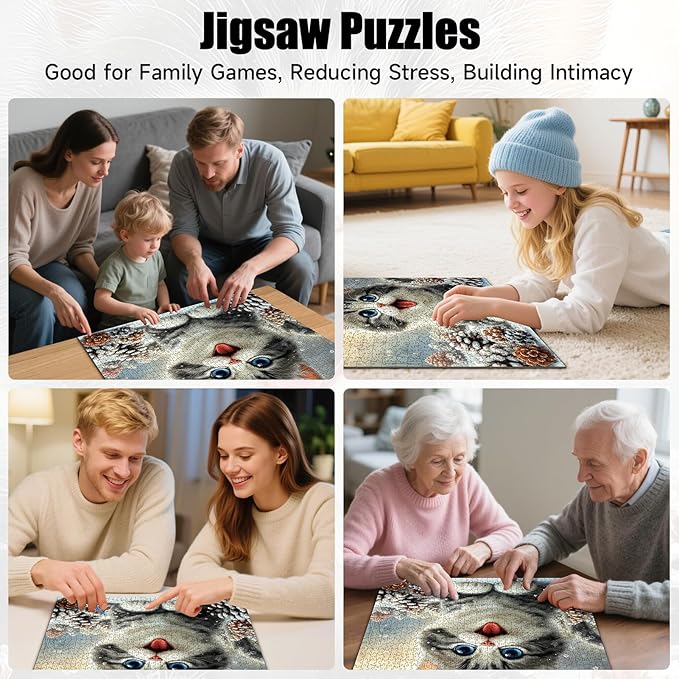 Cute Snowy Cat Puzzles for Adults 1000 Pieces, Winter Snowy Kitten Animal Jigsaw Puzzle with Letters on Back, 22.8X 22.8 Inch Wall Art, Relaxing Family Game, Easter