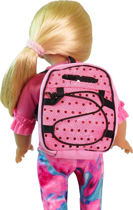 American Fashion World Doll Pink Sequin School Backpack for 18-Inch Dolls | Premium Quality & Trendy Design | Dolls Accessories for Popular Brands