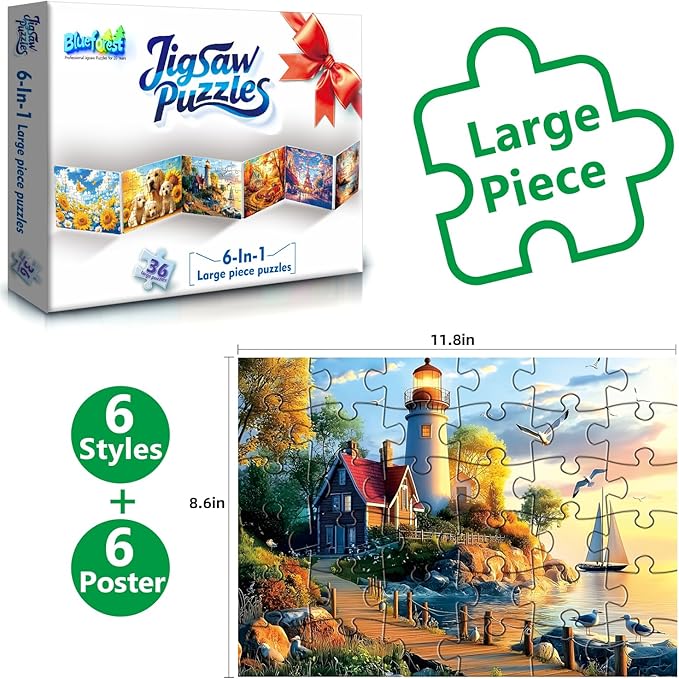 Blueforest 6 Pack Large Piece Jigsaw Puzzles for Seniors, 36 Pieces Easy Grip Puzzles with 1:1 Reference Poster, 11.8"x8.6" Dementia Puzzles for Elderly, Brain Exercise Gifts