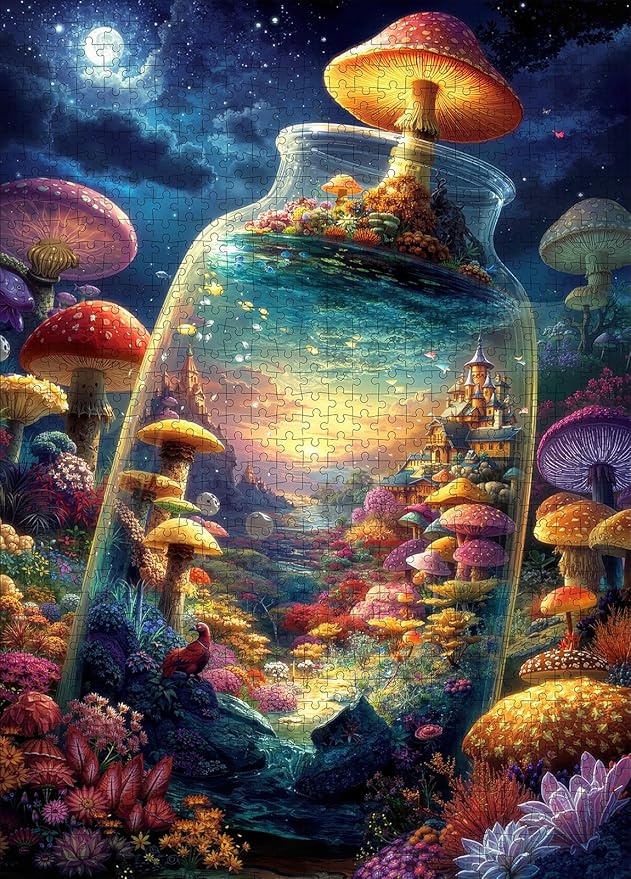 Magical Bottle World 1000 Piece Puzzle for Adults - Fantasy Mushroom Castle & Moonlit Night Art, Lettered Backing, 20"x28" HD, Premium Gift for Fantasy & Nature Lovers