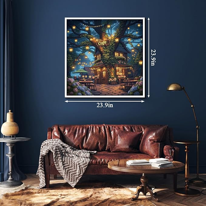 Treehouse Cafe Puzzles for Adults 1000 Pieces, Fantasy Forest Night Jigsaw Puzzles, Magical Tree Coffee Shop Scene