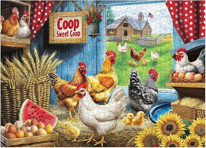 Chicken Farm Puzzle for Adults 1000 Pieces, Animal Flower Jigsaw Puzzle, Sunflower Thanksgiving Nature Rooster Barn Country Puzzle