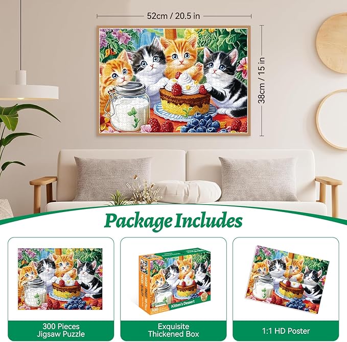 300 Piece Puzzle for Adults, Jigsaw Puzzle, Cute Kittens with Milk, Cake and Fruits, Jigsaw Puzzles 300 Pieces, Family Fun Puzzle for Adults and Kids, and Relaxing Activity (20.5" x 15")