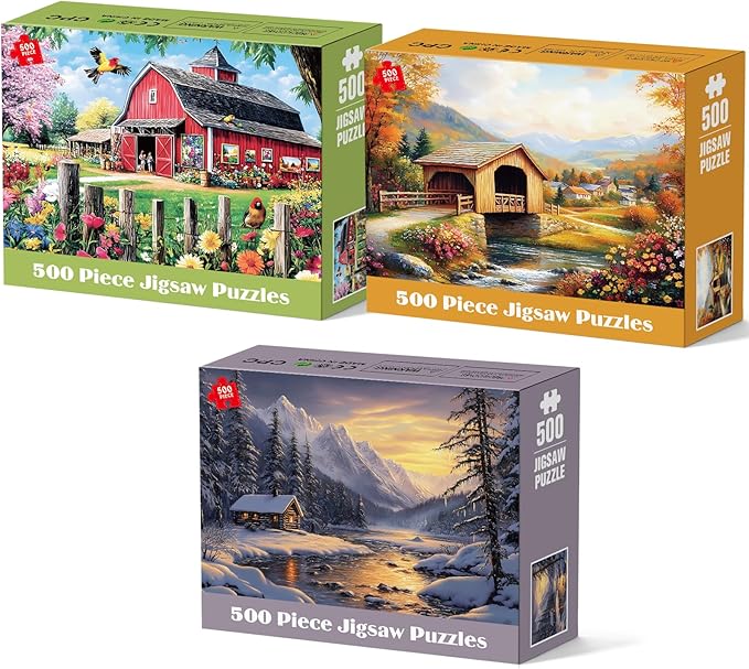 3 Pack 500 Pieces Jigsaw Puzzles for Adults, Beautiful Spring Fall Winter Puzzle for Teens Elderly, Recycled Paper Puzzle 500 Pieces, Glossy, Sturdy Pieces Challenging Family Game Gift 20.5x15in