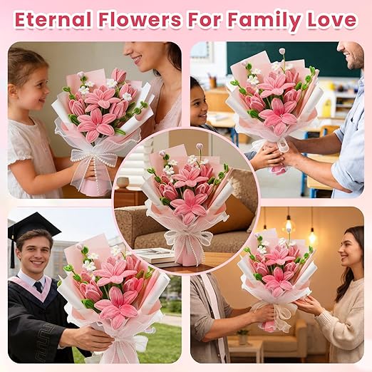 600 PCS Pipe Cleaners Craft, 6 Colors Pipe Cleaner Bulk Flower Kit, Chenille Stems Bulk with Floral Wires, Gardening Tape, Stamen, Wrapping Paper & Ribbon, DIY Art and Craft Supplies - Pink Gradient