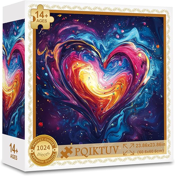 Fluid Art Heart Jigsaw Puzzle 1024 Pieces for Adults - Stress Relief Couple Activity Puzzles with HD Poster, Valentines Puzzles with Letter Markings, Valentine's Day Gift（23.86 x 23.86 in）