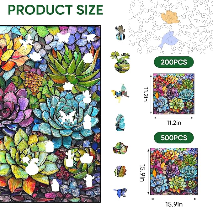Delobi Stained Glass Puzzles for Adults 500 Pieces Succulent Wooden Puzzles, Unique Challenging Jigsaw Puzzles Gift for Friends Family Game Medium Size 15.9'' x15.9''