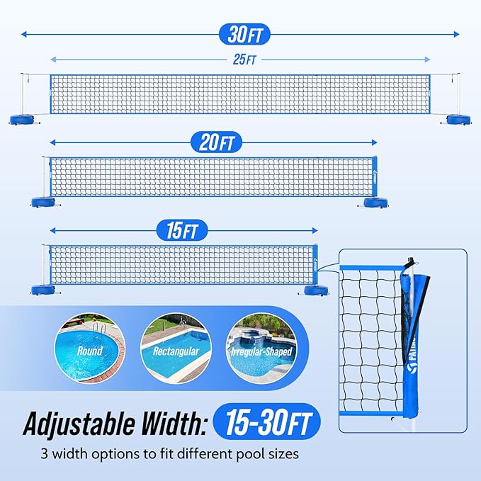 Pool Volleyball Net Set for Inground/Above Ground with Adjustable 15-30FT Length, Pool Games for Adults and Family, Poolside Volleyball Nets with Ball, Pump, Heavy Duty Poles, Weighted Base