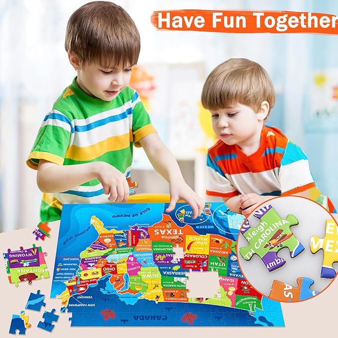 United States Map Puzzle for Kids Ages 6-8 8-10 10-12 - 200 Piece Floor Jigsaw with Poster - Educational USA Geography Jigsaw with 50 States & Capitals - Large Map Puzzle STEM Gift for Boys and Girls