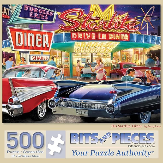 Bits and Pieces – 500 Piece Jigsaw Puzzle for Adults – 50s Starlite Diner - Classic Cars Drive in Jigsaw Puzzle by Larry Jones, Completed Puzzle Size: 18" x 24"