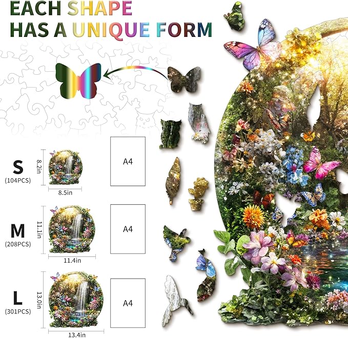 Wooden Puzzles for Adults, Butterflies and Waterfalls Jigsaw Puzzles, 208 Piece Unique Shaped Puzzle, 3D Visual Landscape Shape Puzzle, Gifts for Adults，Wall Decor(11.4 * 11.1 in)
