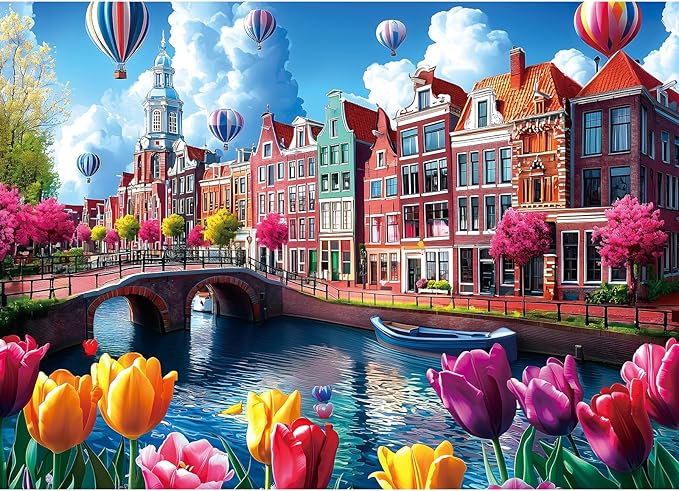 Puzzles for Adults 1000 Pieces, Amsterdam Canals-Tulip Flower, City Buildings Challenging Jigsaw Puzzles for Adults for Family Fun Challenging, Party Game Gifts Decoration, 27.5 x 19.7 inch