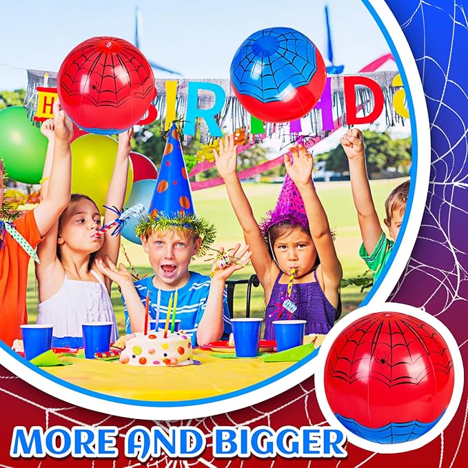 12 Pack Spider Theme Beach Ball 7.87" Inflatable Beach Balls for Summer Water Pool Games Blue and Red Spider Web Birthday Party Decorations Favors Under The Sea Party Decorations