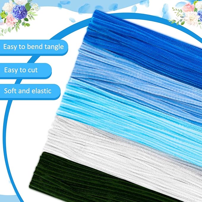Peryiter 500 Pieces Pipe Cleaners Chenille Stems for Flowers Craft Supplies Bulk Fluffy Fuzzy Sticks for DIY Art Projects Creative Gift Wrapping Party Decorations(Blue Flower Color,12 Inch)