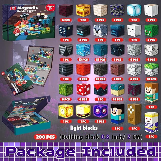 200 PCS Magnetic Blocks - Light Up Magnetic Building Blocks for Kids, Magnet Cubes Stacking for Boys Girls, STEM Montessori Sensory Toys Ages 3 4 5 6 7 8 9 10 11 12 13 Easter Birthday Gifts
