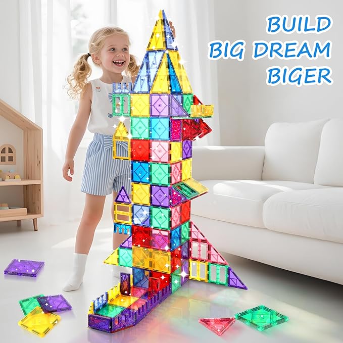 100 Pieces Magnetic Tiles for Kids Ages 4-8, Glitter Magnetic Building Tiles Preschool Learning Magnet Toys, STEM Sensory Magnet Building Blocks for Toddlers 3 4 5 6 7 8+ Year