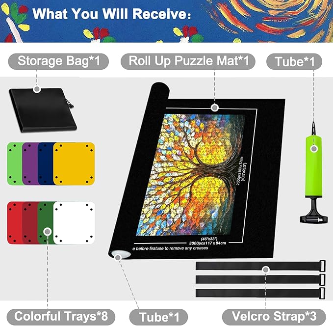 Napzy Puzzle Mat-Jigsaw Puzzles Matt Roll Up to 3000pcs Roll-up Puzzled Board Puzzling Organizers and Storage with 8PCS Jigsaws Sorting Trays, Drawstring Storages Bag Jigsawn Keeper Saver