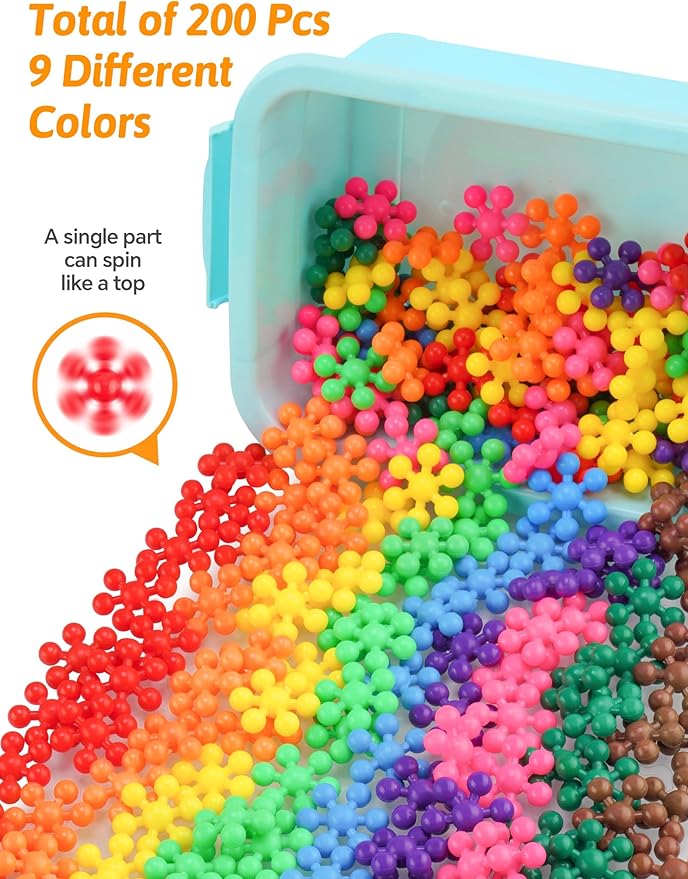 200PCS Interlocking Snowflake Building Block Toy for Kids Ages 3+, Plastic Early Learning Creativity Educational STEM Toy with Carrying Case Safe Material (Rainbow Colors)
