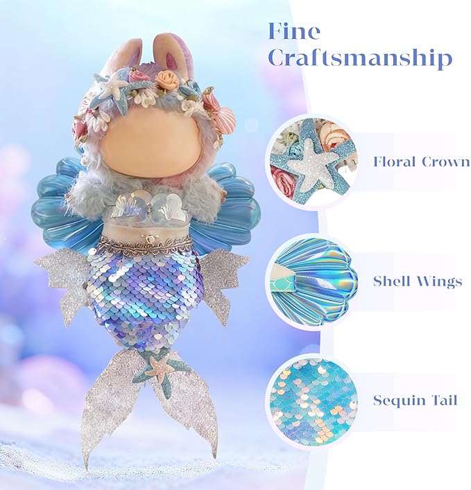 Dreamy Ocean Mermaid Style for LABUBU Clothes or LABUBU Outfits, Sparkly Tail with Shell Wings & Starfish Crown, Cute Clothes and Accessories Set, Easy to Wear Gift for The Festivals.