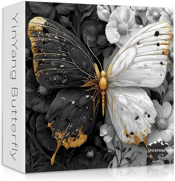 Yin Yang Butterfly Puzzle for Adults 1000 Pieces, Black and White Wings Flower Animal Puzzle, Beautiful Butterfly Among Floral Jigsaw Puzzle, Impossible Difficult Hard Challenge for Adults
