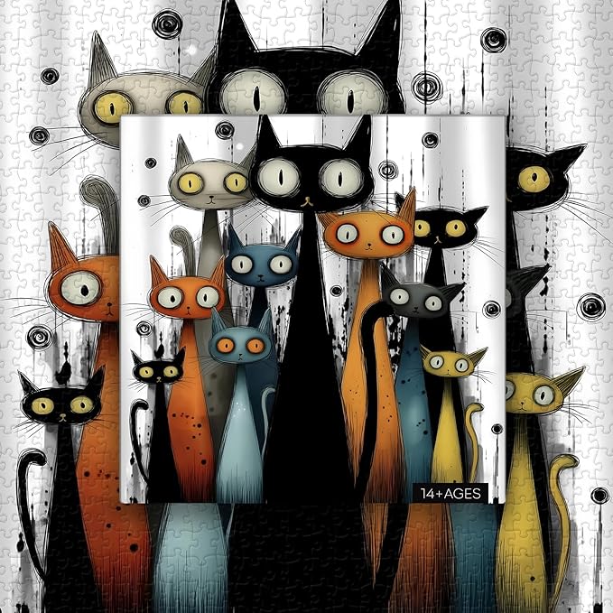 Whimsy Cats Jigsaw Puzzle 1000 Pieces, Funny Cat Puzzles for Adults Abstract Art, Larkipuzz Hard Difficult Cute Animals Theme as Art Decor