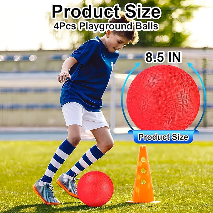 Kickball Set, 8.5 Inch Playground Ball, 4 Pcs Dodgeball Kickballs with 1 Pump, Rubber Kick Balls for Kids Adults Outdoor, Official Size Bouncing Hand Balls for Camps and Schools (8.5 Inch)