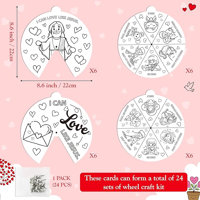 COcnny Valentine’s Day Christian Coloring Craft for Kids - 24 Sets Color Your Own Valentines Religious Art Cards, DIY Sweet Jesus Bible Wheel Paper for Church Sunday School Classroom Class Activities