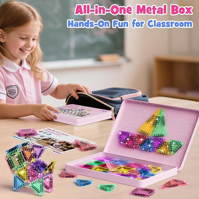 42-Piece Glitter Magnetic Tiles Travel Set with Pink Metal Box - Portable STEM Building Blocks for Kids Ages 3-8 Boys & Girls STEM Montessori Educational Toys for Airplane Car Rides
