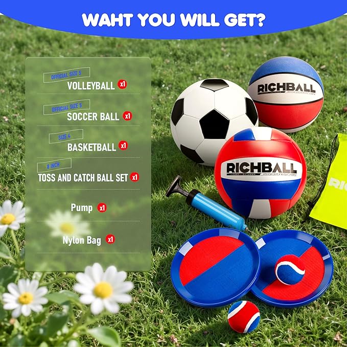 Richball 4-in-1 Outdoor Sports Ball Set for Kids – Soccer, Basketball, Volleyball and Toss & Catch Paddle Ball Game – All-in-One Gift Stocking Stuffers for Kids Boys & Girls Ages 3+